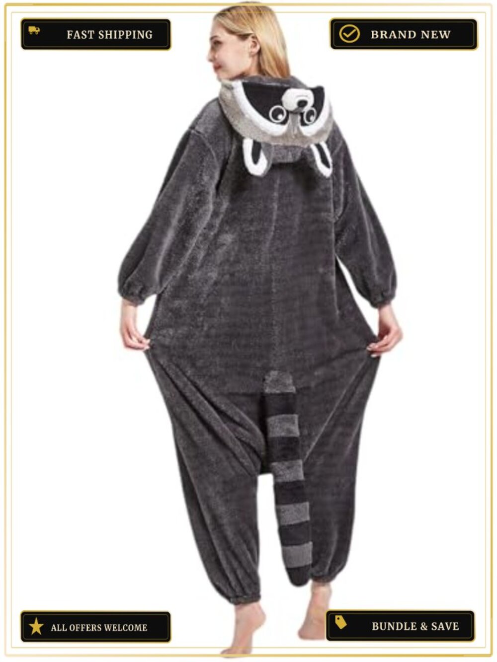 Adult Raccoon Onesie Polar Fleece Hooded One-Piece Pajama Cosplay Halloween - Picture 4 of 6